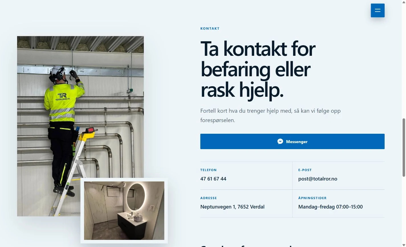 Presentasjon av rørleggertjenester på TotalRør AS sin nettside
