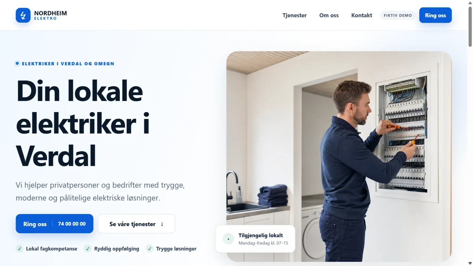 Skjermbilde av forsiden til Nordheim Elektro med tjenester og kontaktknapper