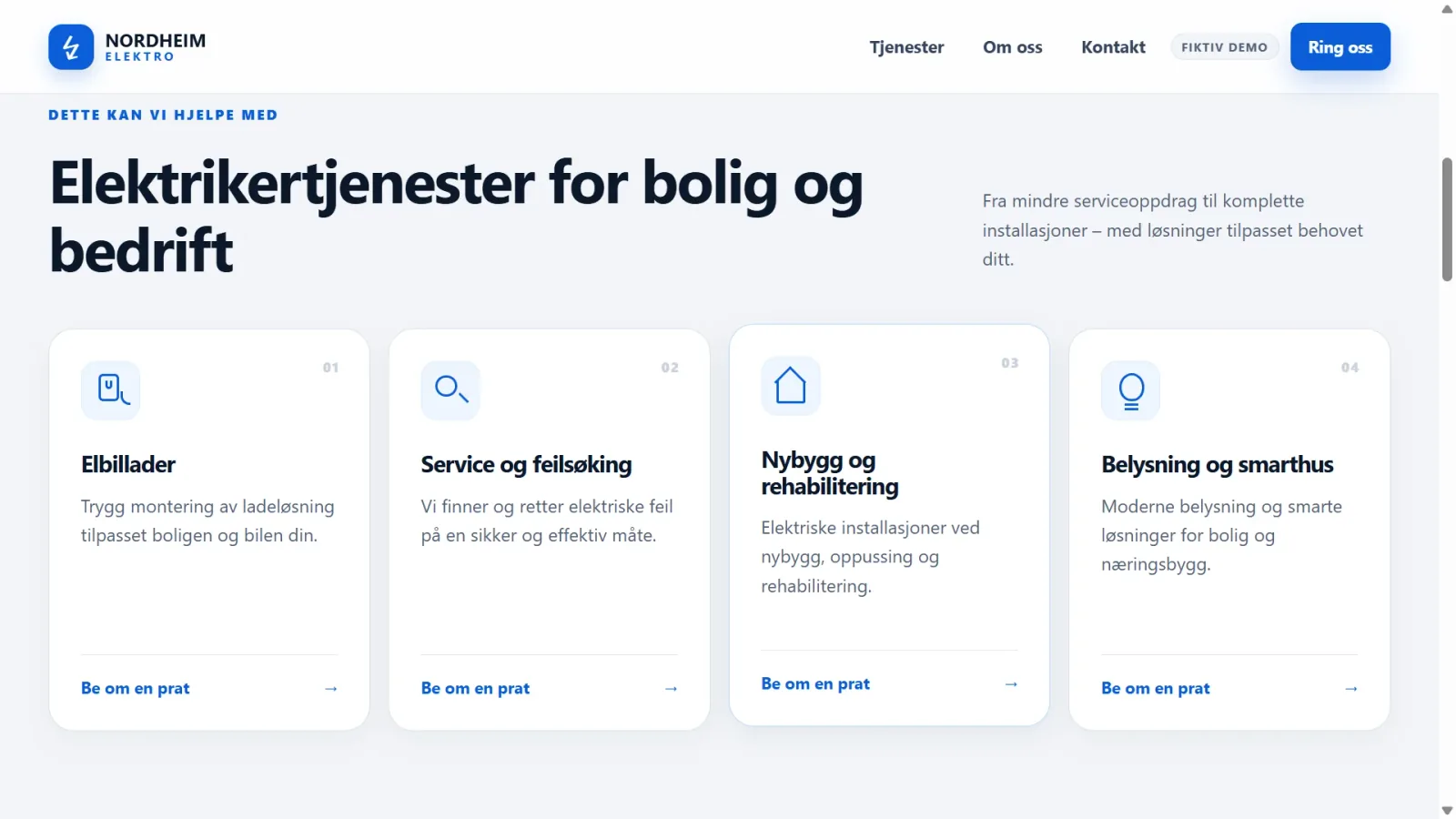 Skjermbilde av tjenesteoversikten til Nordheim Elektro